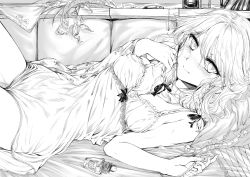 Rule 34 | 1girl, babydoll, bad id, bad pixiv id, bare arms, bare shoulders, blush, bottle, braid, geppewi, greyscale, unworn headwear, izayoi sakuya, jewelry, looking at viewer, lying, maid headdress, monochrome, necklace, on back, pendant, perfume bottle, pillow, pocket watch, revision, smile, solo, touhou, twin braids, watch