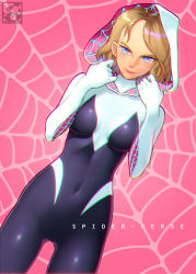Rule 34 | 1girl, animification, black bodysuit, blonde hair, blue eyes, bodysuit, breasts, chromatic aberration, closed mouth, commentary request, covered navel, cowboy shot, dutch angle, eyebrow piercing, gluteal fold, gwen stacy, hands up, highres, holding, hood, hood up, hooded bodysuit, lips, looking at viewer, marvel, medium breasts, multicolored bodysuit, multicolored clothes, pairan, photoshop (medium), piercing, pink background, pink lips, shiny clothes, short hair, silk, skin tight, smile, solo, spider-gwen, spider-man: into the spider-verse, spider-man (series), spider-verse, spider web, spider web background, spider web print, standing, superhero costume, white bodysuit