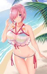 Rule 34 | 1girl, arind yudha, bare shoulders, beach, bikini, breasts, cleavage, collarbone, fate/grand order, fate (series), hair over one eye, highres, large breasts, light purple hair, looking at viewer, mash kyrielight, mash kyrielight (swimsuit of perpetual summer ver.02), multicolored bikini, multicolored clothes, navel, official alternate costume, purple eyes, rainbow bikini, see-through, shore, short hair, smile, solo, striped bikini, striped clothes, swimsuit, thighs