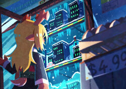 Rule 34 | 1girl, absurdres, animal ears, antlers, black shirt, blonde hair, blurry, blurry foreground, building, city, clothing cutout, commentary request, cowboy shot, deer ears, deer girl, deer tail, deltarune, facing away, from behind, furry, furry female, green sweater vest, highres, horns, icicle, long hair, long sleeves, noelle holiday, outdoors, price tag, scenery, shirt, snow, snowing, solo, standing, sweater vest, tail, tail through clothes, traffic light, watawata22, wide shot, winter