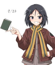 Rule 34 | 1girl, balancing on finger, bandaid, bandaid on face, black hair, blush, book, brave witches, brown jacket, dated, emu 1316, grin, hand in pocket, highres, jacket, kanno naoe, leather, leather jacket, looking at viewer, parted bangs, scarf, short hair, simple background, smile, solo, two-tone scarf, upper body, white background, world witches series, yellow scarf