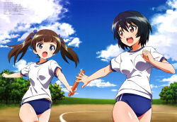 Rule 34 | 2girls, :d, absurdres, bare legs, baton, black hair, blue buruma, blue eyes, blue sky, brave witches, brown eyes, brown hair, buruma, clenched hand, cloud, day, georgette lemare, grass, gym shirt, gym uniform, hair ribbon, highres, holding, itoi megumi, multiple girls, official art, open hand, open mouth, outdoors, ribbon, running track, shimohara sadako, shirt, sky, smile, sparkle, track and field, tree, twintails, underwear, white shirt, world witches series