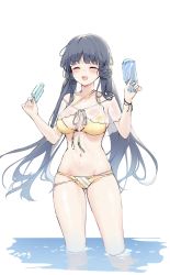 Rule 34 | 1girl, ^ ^, ^o^, bikini, blunt bangs, blush, bracelet, breasts, breasts apart, closed eyes, collarbone, groin, highres, holding food, holding ice cream, ice cream, ice cream bar, idolmaster, idolmaster million live!, jewelry, kitakami reika, medium breasts, melting, nys, reflection, reflective water, refraction, see-through capelet, simple background, skindentation, solo, sweatdrop, swimsuit, twintails, wading, yellow bikini