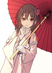 Rule 34 | 1girl, 22/7, blush, braid, braided hair rings, brown hair, closed mouth, collar, detached sleeves, dutch angle, flower, frilled collar, frilled sleeves, frills, gloves, hair between eyes, hair flower, hair ornament, hair rings, holding, holding umbrella, japanese clothes, kimono, long hair, long sleeves, looking at viewer, nagareboshi, oil-paper umbrella, pink flower, pink kimono, red eyes, red umbrella, sidelocks, simple background, smile, solo, standing, tachikawa ayaka, umbrella, white background, white collar, white gloves, wide sleeves