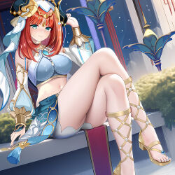 Rule 34 | 1girl, arm at side, blue skirt, blush, bracer, closed mouth, crop top, detached sleeves, fake horns, foot out of frame, genshin impact, gladiator sandals, gold footwear, hand up, harem outfit, horns, kokanoko, long hair, long sleeves, looking at viewer, midriff, navel, nilou (genshin impact), nose blush, parted bangs, puffy long sleeves, puffy sleeves, red hair, sandals, sitting, skirt, smile, solo, veil, white headwear