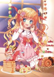 Rule 34 | 1girl, :d, absurdres, artist request, black thighhighs, blonde hair, blue eyes, blush, bow, cake, doughnut, dress, flower, food, hair flower, hair ornament, hair ribbon, highres, indoors, long hair, open mouth, original, pancake, pink dress, pink flower, red bow, red ribbon, ribbon, shiny clothes, shirt, short dress, sitting, smile, solo, star-shaped pupils, star (symbol), symbol-shaped pupils, thighhighs, very long hair, white shirt, window, wooden floor