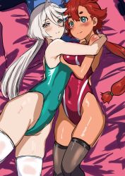 Rule 34 | 2girls, ahoge, aiuti, aqua eyes, bed, black thighhighs, breasts, commentary request, competition swimsuit, grey eyes, grey hair, gundam, gundam suisei no majo, hair behind ear, hair between eyes, highres, hug, long hair, looking at viewer, low ponytail, lying, medium breasts, miorine rembran, multiple girls, on side, one-piece swimsuit, pillow, red hair, suletta mercury, swept bangs, swimsuit, thick eyebrows, thighhighs, white hair, white thighhighs
