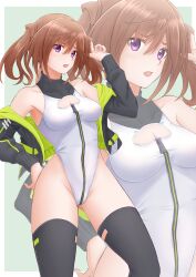 Rule 34 | 1girl, absurdres, alice gear aegis, black jacket, black thighhighs, booth babe, breasts, brown eyes, circle cutout, companion/af, cowboy shot, front zipper, full-length zipper, heattech leotard, highleg, highleg leotard, highres, jacket, kimikage yui, large breasts, leotard, long hair, multiple views, purple eyes, race queen, sleeveless turtleneck leotard, thighhighs, tubamesaapoo, turtleneck, twintails, two-tone leotard, white leotard, zipper, zipper leotard, zipper pull tab, zoom layer