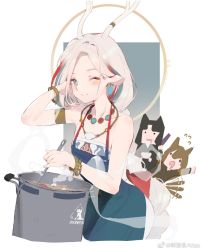 Rule 34 | 3girls, ;), a deer of nine colors, alternate costume, alternate hairstyle, animal ears, antlers, apron, arknights, arm up, armlet, artist name, bare shoulders, blue eyes, blue hair, blush, bracelet, braid, ceobe (arknights), chibi, chibi inset, chinese commentary, closed mouth, collarbone, commentary request, cooking, cowboy shot, earrings, forehead, gradient background, green apron, hand in own hair, highres, horns, jewelry, long hair, looking at viewer, multicolored hair, multiple girls, necklace, nine-colored deer, one eye closed, pot, red hair, rhodes island logo (arknights), saga (arknights), silver hair, single braid, smile, solo focus, streaked hair, very long hair, weibo watermark, white background
