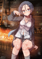Rule 34 | 1girl, blue eyes, blue hair, blush, breasts, covered erect nipples, girls und panzer, glasses, grin, highres, jacket, keizoku military uniform, looking at viewer, medium breasts, megadeko, military uniform, navel, rumi (girls und panzer), short hair, smile, solo, track jacket, uniform