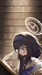 Rule 34 | 1girl, black hair, black shirt, blue archive, blue eyes, blue neckerchief, blurry, blurry background, bookshelf, closed mouth, crossed bangs, expressionless, glasses, hair over shoulder, hairband, halo, highres, holding, holding quill, jewelry, light particles, light rays, locket, long hair, neckerchief, necklace, off shoulder, pendant, quill, round eyewear, sailor collar, sailor shirt, shirt, shirt under shirt, shtauffen, solo, sunlight, turtleneck, ui (blue archive), upper body, writing, yellow-framed eyewear
