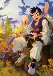 Rule 34 | 1boy, absurdres, bead necklace, beads, black hair, bug, butterfly, character request, chinese commentary, colored skin, commentary request, facial mark, highres, horns, insect, japanese clothes, jewelry, looking at viewer, lunchbox, male focus, mountain, mountainous horizon, necklace, oni, oni horns, orange skin, scenery, scroll, shinrabanshou, sitting, spiked hair, teeth, tree stump, upper teeth only, white footwear, zxanzai
