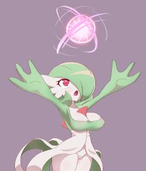 Rule 34 | 1girl, absurdres, areola slip, arms up, blush, bob cut, breasts, cleavage, collarbone, colored skin, covered erect nipples, cowboy shot, creatures (company), energy ball, female focus, game freak, gardevoir, gen 3 pokemon, green hair, green skin, hair over one eye, highres, large breasts, light blush, looking up, masked agent, multicolored skin, nintendo, one eye covered, outstretched arms, pokemon, pokemon (creature), purple background, pussy, red eyes, short hair, simple background, skindentation, solo, standing, two-tone skin, uncensored, white skin, wide hips