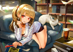 Rule 34 | 1girl, :d, window blinds, blonde hair, blunt bangs, bookshelf, breasts, canking, cat, choker, cleavage, couch, cup, drinking glass, earrings, highres, jewelry, kneeling, looking at viewer, open mouth, original, ponytail, red eyes, skirt, smile, solo
