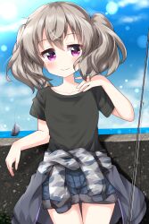 1girl black_shirt blue_shorts blush closed_mouth clothes_around_waist collarbone commentary_request cowboy_shot fishing_rod grey_hair hand_up highres lens_flare looking_at_viewer outdoors pink_eyes ruu_(tksymkw) shirt short_hair short_sleeves shorts slow_loop smile solo t-shirt twintails yoshinaga_koi