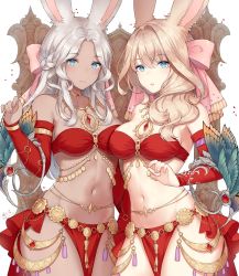 Rule 34 | 2girls, animal ears, ayuanlv, bandeau, bare shoulders, blonde hair, blue eyes, bow, braid, breasts, cleavage, cowboy shot, dancer (final fantasy), dark-skinned female, dark skin, detached sleeves, final fantasy, final fantasy xiv, gold, hair between eyes, hair bow, hand up, harem outfit, highres, jewelry, large breasts, long hair, long sleeves, looking at viewer, mole, mole under eye, multiple girls, navel, neck ring, parted bangs, parted lips, pelvic curtain, pink bow, rabbit ears, revealing clothes, side-by-side, signature, silver hair, simple background, smile, standing, stomach, thighs, viera, warrior of light (ff14), wavy hair, white background