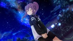 Rule 34 | 1girl, 22/7, 22/7 ongaku no jikan, ahoge, arms behind back, black ribbon, black shorts, closed eyes, closed mouth, cowboy shot, dutch angle, from below, game cg, hair between eyes, hair ornament, hair ribbon, highres, lens flare, long sleeves, milky way, night, non-web source, official art, outdoors, own hands together, park, purple eyes, purple hair, ribbon, shorts, sky, smile, solo, sparkle, star (sky), starry sky, tojo yuki, tree, twintails, two-tone shirt