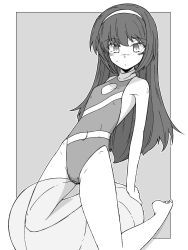 Rule 34 | 1girl, absurdres, balancing ball, barefoot, border, breasts, closed mouth, commentary, covered navel, girls und panzer, greyscale, hairband, halterneck, highleg, highleg swimsuit, highres, kneeling, leaning back, long hair, looking at viewer, monochrome, one-piece swimsuit, outside border, reizei mako, renshiu, small breasts, solo, straddling, sweatdrop, swimsuit