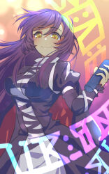 Rule 34 | 1girl, breasts, brown eyes, closed mouth, cross-laced clothes, dress, highres, hijiri byakuren, juliet sleeves, large breasts, long hair, long sleeves, looking at viewer, multicolored clothes, multicolored dress, nayozane (worker7), puffy sleeves, purple hair, smile, solo, sorcerer&#039;s sutra scroll, touhou, turtleneck