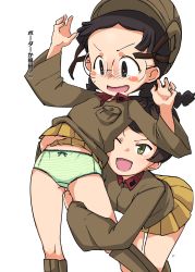 Rule 34 | 2girls, ;d, arms up, bad id, bad twitter id, black hair, blush, blush stickers, boots, bow, bow panties, braid, brown eyes, brown footwear, brown hair, brown jacket, chi-hatan military uniform, clothes lift, crotch seam, frown, fukuda haru, girls und panzer, glasses, gluteal fold, green eyes, green panties, hair rings, helmet, highres, hosomi shizuko, inactive account, jacket, knee boots, lace, lace-trimmed panties, lace trim, lifting another&#039;s clothes, long hair, long sleeves, looking at another, looking down, military, military uniform, miniskirt, multiple girls, ogihara mach, one eye closed, open mouth, panties, pleated skirt, round eyewear, short hair, skirt, skirt lift, smile, standing, striped clothes, striped panties, sweatdrop, twin braids, twintails, underwear, uniform, yellow skirt