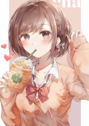 Rule 34 | 1girl, blush, bow, bowtie, brown cardigan, brown eyes, brown hair, cardigan, collarbone, cup, disposable cup, drink, drinking, drinking straw, drinking straw in mouth, highres, holding, holding cup, holding drink, long sleeves, looking at viewer, namamake, project sekai, red bow, red bowtie, shinonome ena, shirt, short hair, solo, white shirt