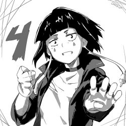 Rule 34 | 10s, 1girl, boku no hero academia, cafekun, clenched hand, countdown, facial mark, fingerless gloves, gloves, greyscale, grin, jirou kyouka, looking at viewer, monochrome, short hair, smile, solo