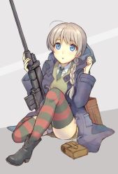 Rule 34 | 1girl, :o, ankle boots, anti-materiel rifle, black coat, black footwear, black necktie, blue eyes, boots, boys anti-tank rifle, braid, brown hair, coat, commentary, dress shirt, full body, green legwear, gun, hair over shoulder, hair tie, holding, holding gun, holding weapon, hood, hooded coat, legs, long sleeves, looking at viewer, lynette bishop, multicolored stripes, necktie, no pants, open clothes, open coat, parted lips, red legwear, rifle, salute, shirt, single braid, sitting, sniper rifle, solo, strike witches, striped clothes, striped legwear, striped thighhighs, sweater vest, thighhighs, totonii (totogoya), weapon, white shirt, wing collar, world witches series