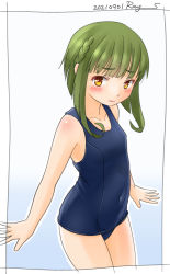 Rule 34 | 1girl, artist name, blue one-piece swimsuit, blush, bob cut, braid, brown eyes, closed mouth, commentary request, covered navel, cowboy shot, dated, flat chest, gradient background, green hair, kantai collection, one-hour drawing challenge, one-piece swimsuit, ray.s, school swimsuit, short hair, short hair with long locks, sidelocks, solo, standing, swimsuit, takanami (kancolle), thighs, white background