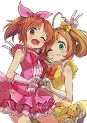 Rule 34 | 2girls, ;d, abe nana, ahoge, bare shoulders, blush, bow, breasts, brooch, brown eyes, brown hair, choker, crop top, dot nose, dress, elbow gloves, frilled dress, frills, gloves, green eyes, grin, hair bow, hair ribbon, heart, heart hands, heart hands duo, idolmaster, idolmaster cinderella girls, idolmaster cinderella girls starlight stage, jewelry, large breasts, layered dress, layered skirt, long hair, looking at viewer, magical girl, medium breasts, midriff, multiple girls, one eye closed, open mouth, orange ribbon, pink choker, pink dress, pink ribbon, ponytail, ribbon, sato shin, shirt, short hair, simple background, skirt, sleeveless, sleeveless dress, smile, taru haru, twintails, v, white background, white gloves, yellow choker, yellow shirt, yellow skirt