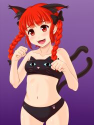 Rule 34 | 1girl, :d, animal ear fluff, animal ears, bikini, black bikini, black bow, bow, braid, cat ears, cat girl, cat tail, clenched hands, commentary request, cowboy shot, extra ears, fangs, gradient background, hair bow, jouzou, kaenbyou rin, looking at viewer, medium hair, multiple tails, navel, nekomata, open mouth, purple background, red eyes, red hair, side braids, smile, solo, swimsuit, tail, touhou, twin braids, two tails