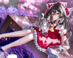 Rule 34 | 1girl, ascot, bare shoulders, barefoot, black hair, blush, bow, brown eyes, cherry blossoms, closed mouth, detached sleeves, frilled skirt, frills, hair between eyes, hair bow, hair tubes, hakurei reimu, highres, japanese clothes, long hair, nontraditional miko, petals, red bow, red skirt, ribbon-trimmed sleeves, ribbon trim, sakizaki saki-p, sarashi, sidelocks, skirt, soaking feet, solo, touhou, twitter username, water, white sleeves, wide sleeves, yellow ascot