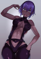Rule 34 | 1girl, :d, absurdres, bare shoulders, blush, breasts, cameltoe, cleavage, covered erect nipples, dark-skinned female, dark skin, fate/grand order, fate/prototype, fate/prototype: fragments of blue and silver, fate (series), grey background, hair between eyes, hairband, hand on own hip, hassan of serenity (fate), highres, kayumidome, looking at viewer, navel, open mouth, purple eyes, purple hair, revealing clothes, shiny skin, short hair, simple background, sleeveless, smile, solo, teeth, tongue