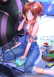 Rule 34 | 10s, 1girl, barefoot, bowl, box-end wrench, breasts, brown eyes, brown hair, bucket, cable, cellphone, collarbone, computer, fish, fishbowl, galilei donna, goldfish, highres, hozuki ferrari, jewelry, laptop, looking at viewer, machinery, naked overalls, necklace, no bra, overalls, phone, screwdriver, short ponytail, sitting, small breasts, smartphone, swordsouls, tablet pc, wariza, wind chime, wrench