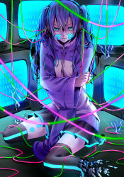 Rule 34 | 1girl, blue eyes, blue hair, cable, electricity, ene (kagerou project), headphones, highres, jacket, kagerou project, long hair, matching hair/eyes, monitor, noahxxx, sitting, skirt, solo, thighhighs, track jacket, twintails, wariza, wide sleeves, zettai ryouiki, zipper
