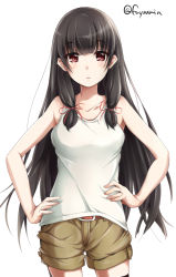 Rule 34 | 10s, 1girl, alternate costume, bare shoulders, belt, black hair, breasts, casual, fuyu mi, hair ribbon, hands on own hips, isokaze (kancolle), kantai collection, long hair, looking at viewer, red eyes, ribbon, shorts, simple background, sleeveless, solo, tank top, thighhighs, tress ribbon, twitter username, white background, zettai ryouiki