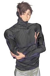 Rule 34 | 1boy, absurdres, apex legends, bad id, bad pixiv id, black eyes, black gloves, black hair, black sweater, crossed arms, crypto (apex legends), gloves, grey pants, highres, kawaniwa, looking at viewer, male focus, pants, partially fingerless gloves, pectorals, ribbed sweater, solo, sweater, undercut, white background