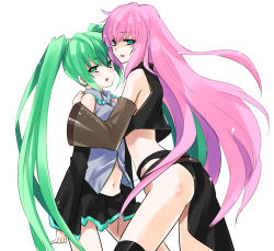 2girls aqua_eyes aqua_hair hatsune_miku long_hair megurine_luka multiple_girls navel pink_hair simple_background skirt smile thighhighs twintails uonuma_yuu very_long_hair vocaloid yuri