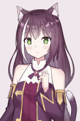 Rule 34 | 1girl, animal ear fluff, animal ears, bad id, bad pixiv id, bang (gesture), bare shoulders, black hair, blush, breasts, cat ears, cat girl, cat tail, commentary request, detached sleeves, dress, finger gun, frown, green eyes, grey background, hair between eyes, highres, karyl (princess connect!), long hair, looking at viewer, multicolored hair, nagisa (cxcx5235), princess connect!, simple background, sleeveless, sleeveless dress, solo, streaked hair, tail, very long hair, white hair
