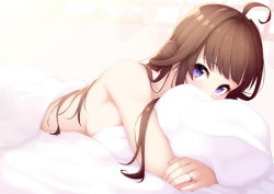 Rule 34 | 1girl, absurdres, ahoge, bed sheet, breasts, brown hair, covered mouth, covering privates, double bun, highres, jewelry, kantai collection, kongou (kancolle), large breasts, long hair, looking at viewer, lying, nude cover, ochiai miyabi, on bed, on stomach, pillow, purple eyes, ring, solo, wedding band