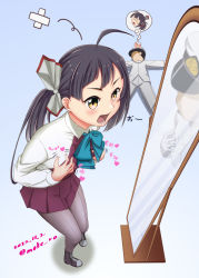 Rule 34 | 1boy, 1girl, admiral (kancolle), ahoge, aqua bow, aqua bowtie, asymmetrical bangs, black hair, body switch, boots, bow, bowtie, collared shirt, commentary request, cross-laced footwear, dated, different reflection, dress, dress shirt, fujinami (kancolle), grey pantyhose, hair ribbon, halter dress, halterneck, hands on own chest, kantai collection, lace-up boots, long hair, mirror, moke ro, pantyhose, personality switch, reflection, ribbon, school uniform, shirt, side ponytail, solo focus, twitter username, white ribbon, white shirt