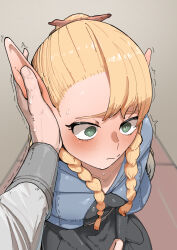 Rule 34 | 1girl, absurdres, azz0422, black robe, blonde hair, blue capelet, blush, braid, breasts, capelet, commentary, dungeon meshi, ear blush, grabbing another&#039;s ear, green eyes, hand on another&#039;s ear, highres, kneeling, long hair, marcille donato, pointy ears, pov, robe, small breasts, symbol-only commentary, twin braids