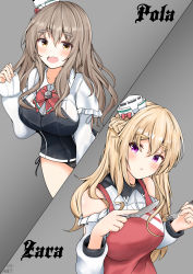 Rule 34 | 2girls, abataa, absurdres, apron, black panties, blonde hair, bodice, bow, bowtie, braid, brown eyes, character name, clothing cutout, fork, french braid, grey hair, hat, highres, holding, holding fork, holding knife, kantai collection, knife, long hair, long sleeves, mini hat, miniskirt, multiple girls, panties, pola (kancolle), purple eyes, red apron, red bow, red bowtie, shirt, shoulder cutout, side-tie panties, skirt, thick eyebrows, tilted headwear, underwear, wavy hair, white shirt, zara (kancolle)