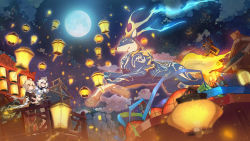 Rule 34 | 1boy, 1girl, :d, absurdres, aether (genshin impact), ahoge, antlers, architecture, artist request, blonde hair, blurry, braid, braided ponytail, cliff, depth of field, east asian architecture, festival, fiery horns, full moon, genshin impact, glowing, hair between eyes, halo, highres, hooves, horns, lantern, lantern festival, midriff, moon, night, night sky, official art, official wallpaper, open mouth, paimon (genshin impact), paper lantern, purple eyes, qilin (mythology), scenery, silver hair, single braid, sky, sky lantern, smile, source request, star (sky), starry sky, wallpaper, yellow eyes