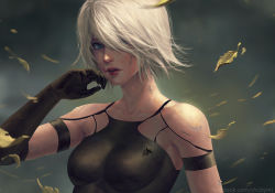 Rule 34 | 1girl, android, arm at side, armlet, bare shoulders, black gloves, blue eyes, breasts, breasts apart, chuby mi, collarbone, elbow gloves, eyelashes, facebook username, gloves, hair between eyes, hair over one eye, hand on own face, hand up, highres, joints, leaf, lips, lipstick, looking at viewer, makeup, making-of available, medium breasts, mole, mole under mouth, nier:automata, nier (series), parted lips, pink lips, realistic, robot joints, short hair, silver hair, sleeveless, smeared lipstick, solo, standing, tank top, teeth, upper body, wind, a2 (nier:automata)