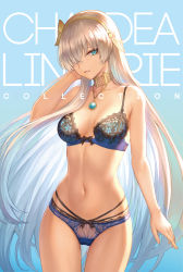 Rule 34 | 1girl, absurdres, anastasia (fate), arm at side, bare shoulders, blue bra, blue eyes, blue panties, blush, bra, breasts, choker, collarbone, commentary, contrapposto, cowboy shot, fate/grand order, fate (series), gradient background, groin, hair between eyes, hair over one eye, hairband, hand on own face, highres, lingerie, long hair, looking at viewer, mashuu (neko no oyashiro), medium breasts, multi-strapped panties, navel, panties, parted lips, ribbon-trimmed bra, ribbon-trimmed panties, signature, silver hair, skindentation, smile, solo, stomach, text background, thigh gap, thighs, topaz (gemstone), twitter username, underwear, underwear only, very long hair
