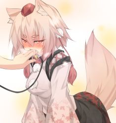 Rule 34 | 1girl, animal ears, blush, breasts, collar, detached sleeves, face, fangs, female focus, finger in another&#039;s mouth, finger in own mouth, hat, inubashiri momiji, kazami ryouya, leaning forward, leash, red eyes, saliva, short hair, silver hair, simple background, solo, tail, tears, tokin hat, touhou, wolf ears, wolf tail