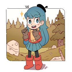 Rule 34 | 1girl, beret, black hat, black pantyhose, blue eyes, blue hair, blue skirt, boots, brown gloves, full body, gloves, grass, hat, highres, hilda, hilda (hilda), light blush, long hair, looking at viewer, open mouth, outside border, pantyhose, pine tree, red footwear, rock, scarf, signature, skirt, smile, solo, sparkle, tree, yakiti
