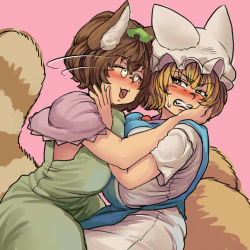 Rule 34 | 2girls, :3, :d, angry, animal ears, animal hat, annoyed, blonde hair, blush, breasts, brown hair, chanta (ayatakaoisii), clenched teeth, closed eyes, dress, fox ears, fox tail, futatsuiwa mamizou, glasses, green dress, hat, hug, large breasts, leaf, leaf on head, long sleeves, mob cap, motion lines, multiple girls, multiple tails, open mouth, pink background, raccoon ears, raccoon tail, short hair, short sleeves, simple background, smile, sweat, tabard, tail, teeth, touhou, white dress, yakumo ran