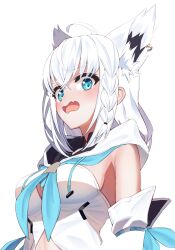 Rule 34 | 1girl, ahoge, animal ear fluff, animal ears, blue eyes, blue neckerchief, blush, braid, breasts, commentary request, detached sleeves, disgust, earrings, extra ears, fang, fox ears, fox girl, from below, front slit, highres, hololive, hood, hooded vest, hoodie, jewelry, looking at viewer, medium breasts, midriff peek, neckerchief, open mouth, raised eyebrows, shirakami fubuki, shirakami fubuki (1st costume), side braid, sidelocks, simple background, single earring, skin fang, solo, ta shiuji30, transparent background, vest, virtual youtuber, wavy mouth, white hair, white vest, wide sleeves