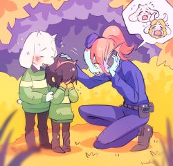 Rule 34 | 1other, 2boys, 2girls, aged down, androgynous, asgore dreemurr, asriel dreemurr, blue skin, blush, brothers, brown hair, brown pants, bush, child, colored skin, comforting, crying, delta (delta0127), deltarune, fake horns, furry, furry female, furry male, green shirt, headband, highres, horns, kris (deltarune), multiple boys, multiple girls, noah (tettsui-sole), pants, phone, police, police uniform, policewoman, ponytail, red hair, red headband, red horns, shirt, siblings, toriel, undyne, uniform, white fur